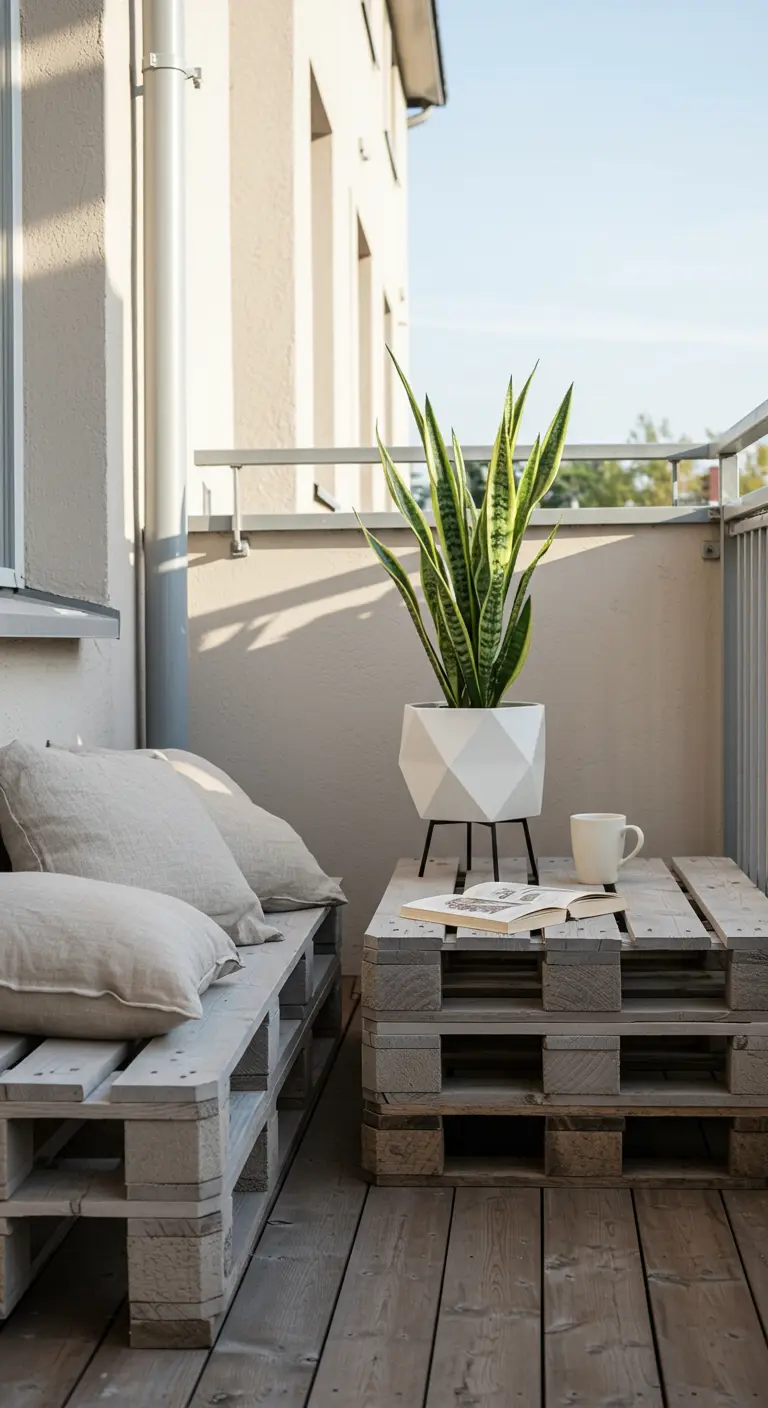 Balcón de estilo nórdico con muebles de palets pintados de gris claro y cojines de lino.