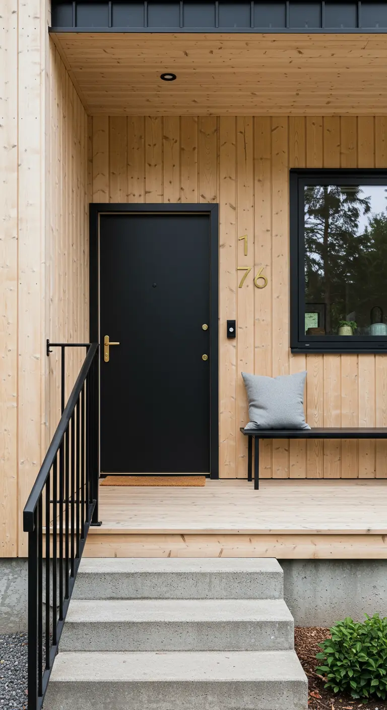 Entrada de estilo escandinavo con revestimiento de madera, puerta negra y banco minimalista.