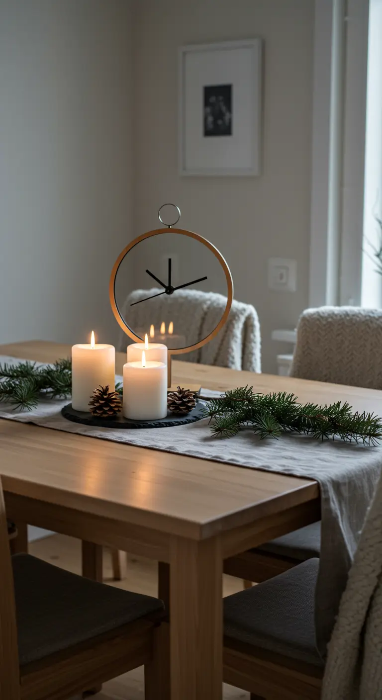 Centro de mesa minimalista con un reloj de madera, velas blancas y ramas de pino.