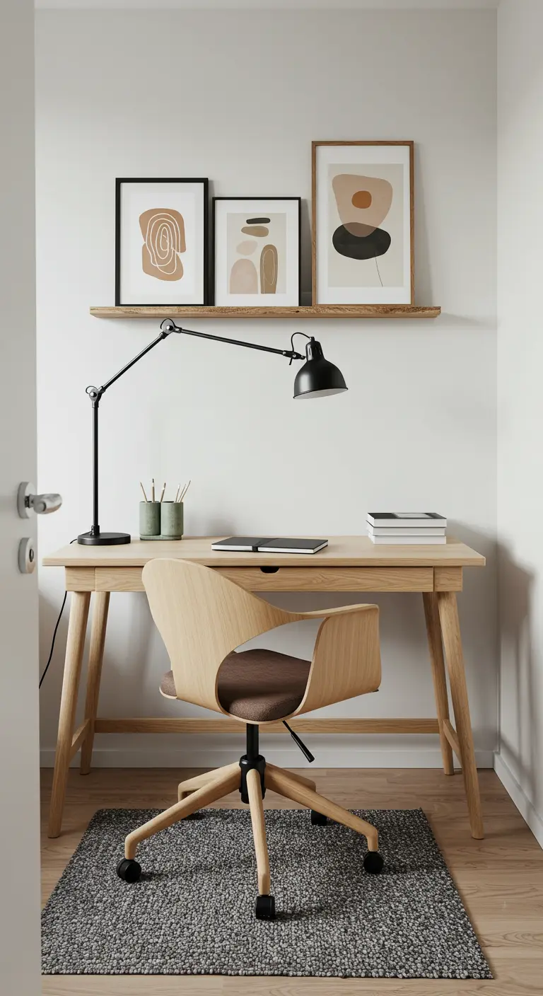Escritorio de madera clara con silla de diseño, lámpara negra y arte abstracto en la pared.
