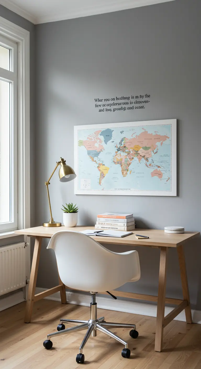 Rincón de estudio minimalista con pared gris, mapa del mundo y lámpara dorada.