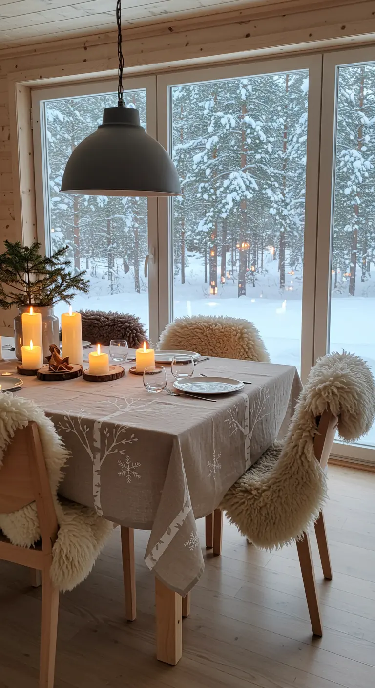 Mantel gris claro con abedules blancos y copos de nieve en una cabaña con vistas a un bosque nevado.