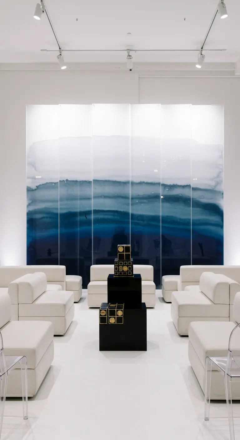 Un espacio de exposición minimalista con sofás blancos y una gran obra de arte de acuarela azul.
