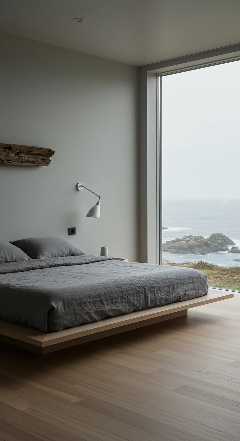 Dormitorio minimalista con cama baja de madera y un gran ventanal con vistas a un mar rocoso.