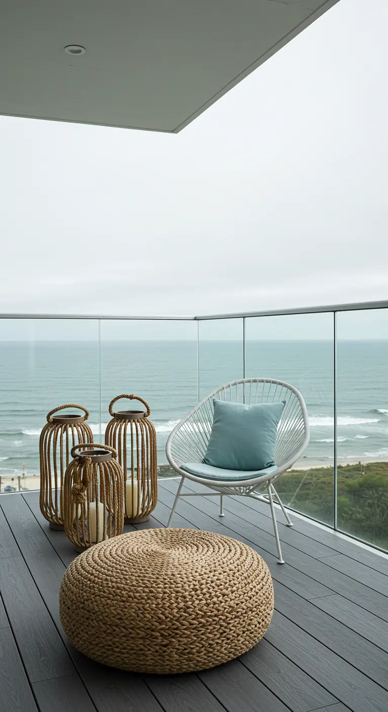 Balcón moderno con vistas al océano, sillón blanco, puf de yute y farolillos de bambú.