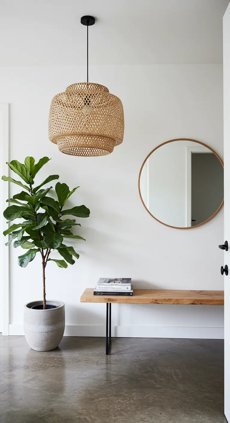 Entrada minimalista con banca de madera flotante, espejo redondo y una planta alta en maceta