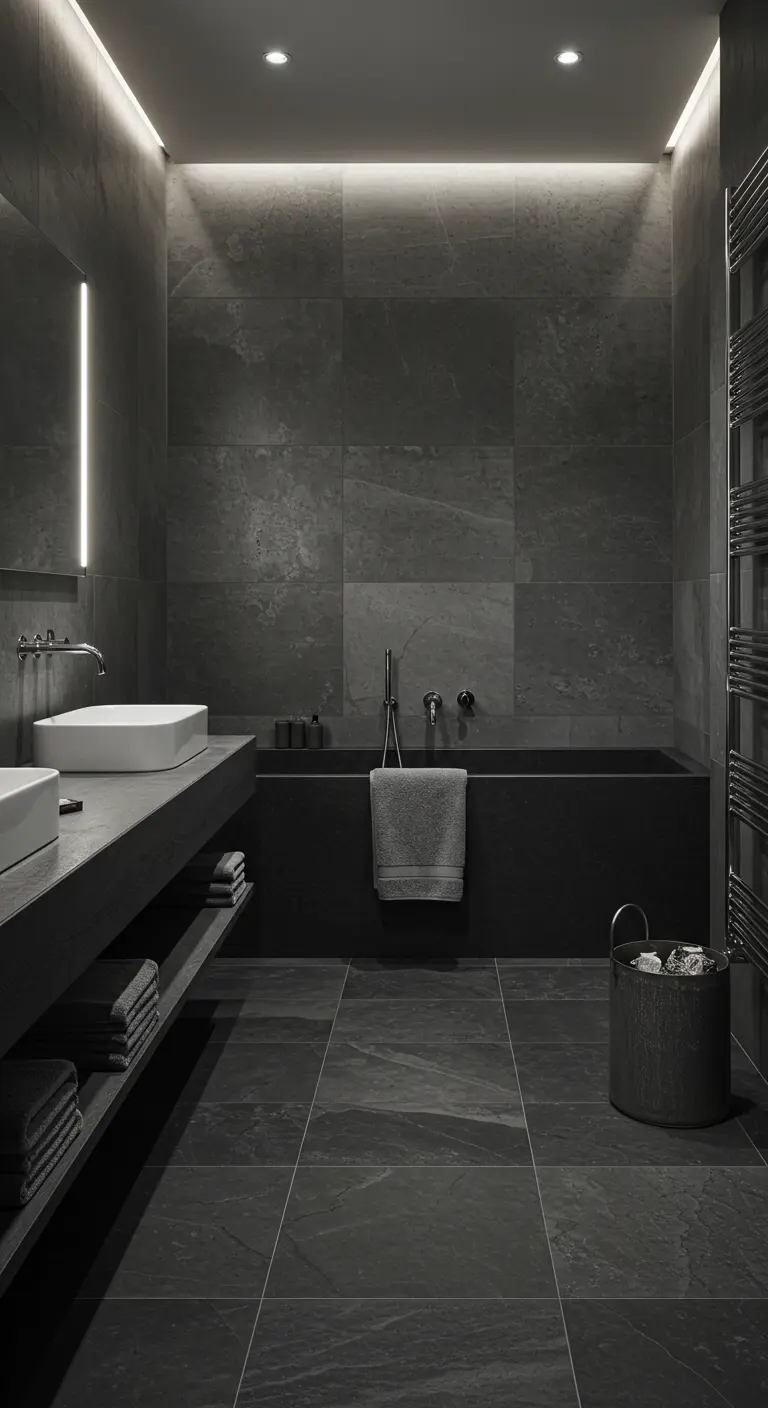 Baño moderno y oscuro con baldosas grises, bañera negra y luz indirecta