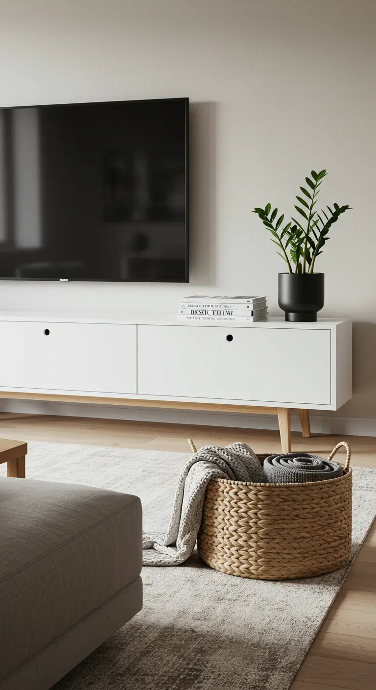 Mueble de TV blanco de estilo nórdico con cesta de mimbre y una planta ZZ.