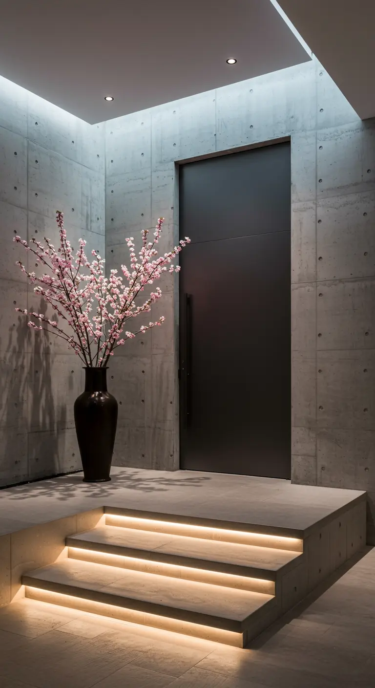 Entrada moderna y minimalista de hormigón con escalones iluminados y un jarrón con flores de cerezo.