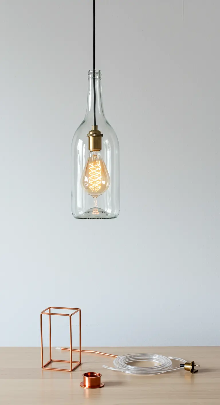 Lámpara minimalista con una botella de vidrio transparente y una bombilla Edison de filamento.