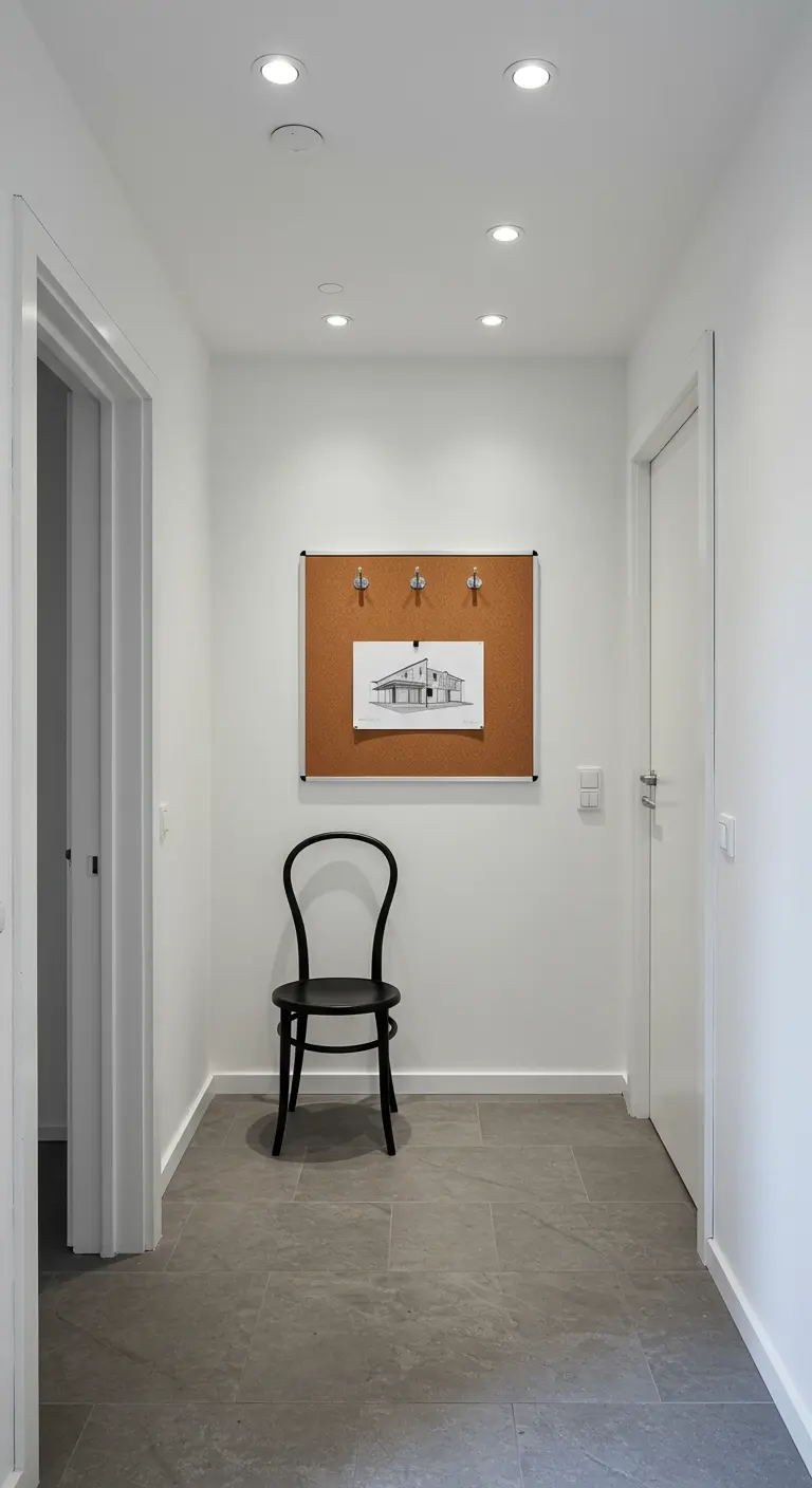 Pasillo minimalista blanco con un tablero de corcho centrado, tres ganchos y una silla negra.