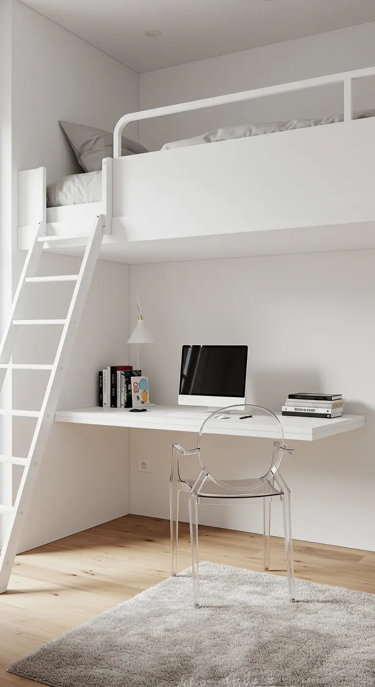 Cama alta blanca con un escritorio flotante blanco y una silla transparente de acrílico