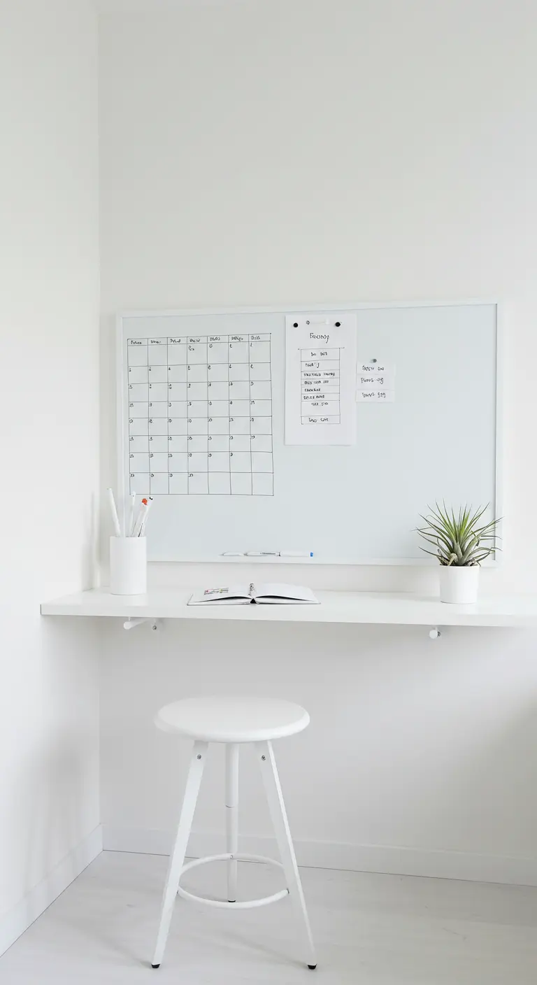 Rincón de trabajo totalmente blanco con un estante flotante, una pizarra blanca y un taburete.