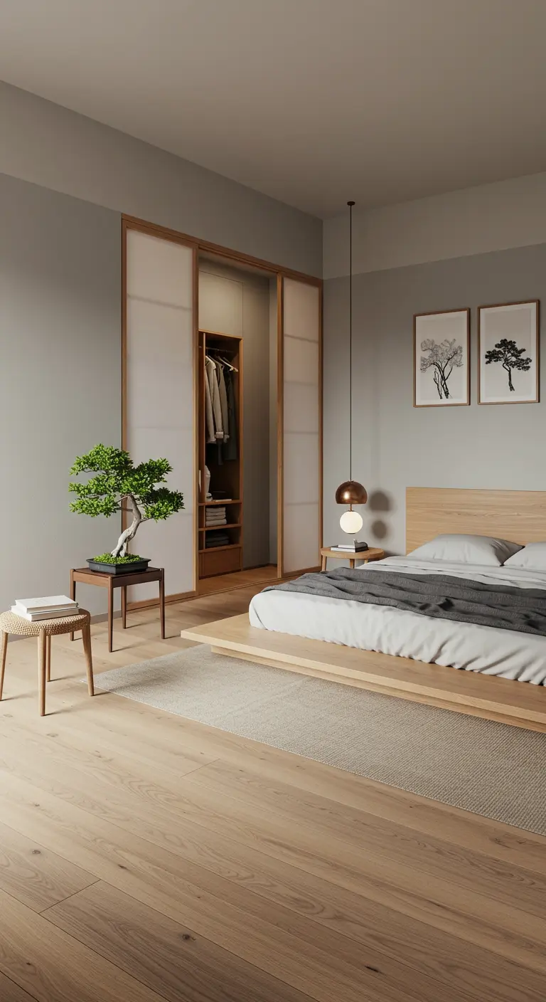 Dormitorio juvenil de estilo japonés con cama baja, puertas correderas y un bonsái.