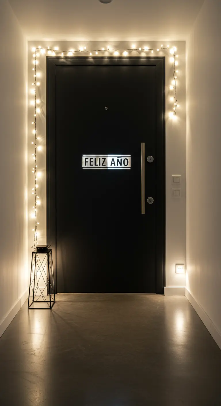 Puerta negra moderna con un letrero luminoso de 'Feliz Año' y guirnalda de luces.