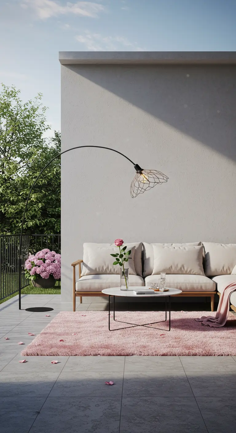 Terraza minimalista con sofá blanco, alfombra rosa y una lámpara de arco negra.