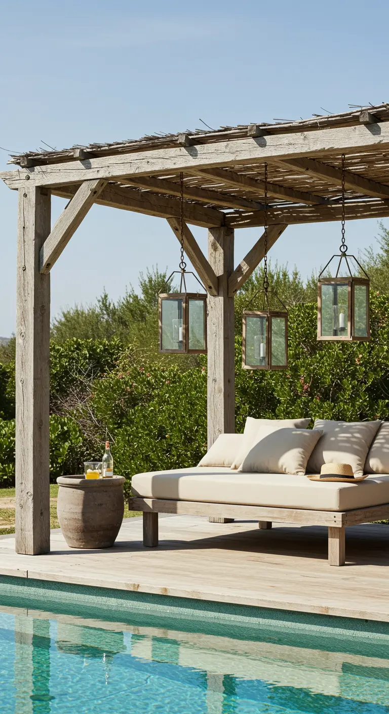 Zona de piscina con pérgola de madera, cama de día y faroles cuadrados de madera