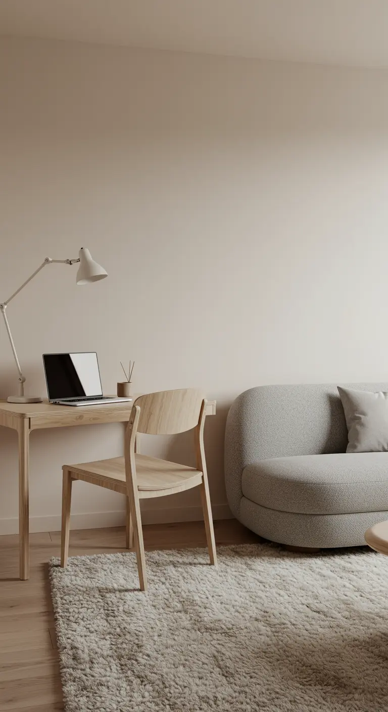 Escritorio de madera clara junto a un sofá curvo de tela bouclé en un ambiente minimalista.