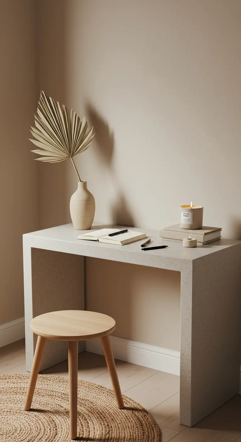 Escritorio minimalista de efecto terrazo con una hoja de palmera seca y una vela.