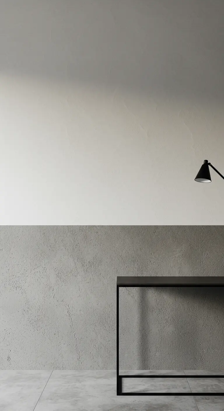 Pared minimalista con la mitad inferior en gris texturizado y la mitad superior en blanco liso.