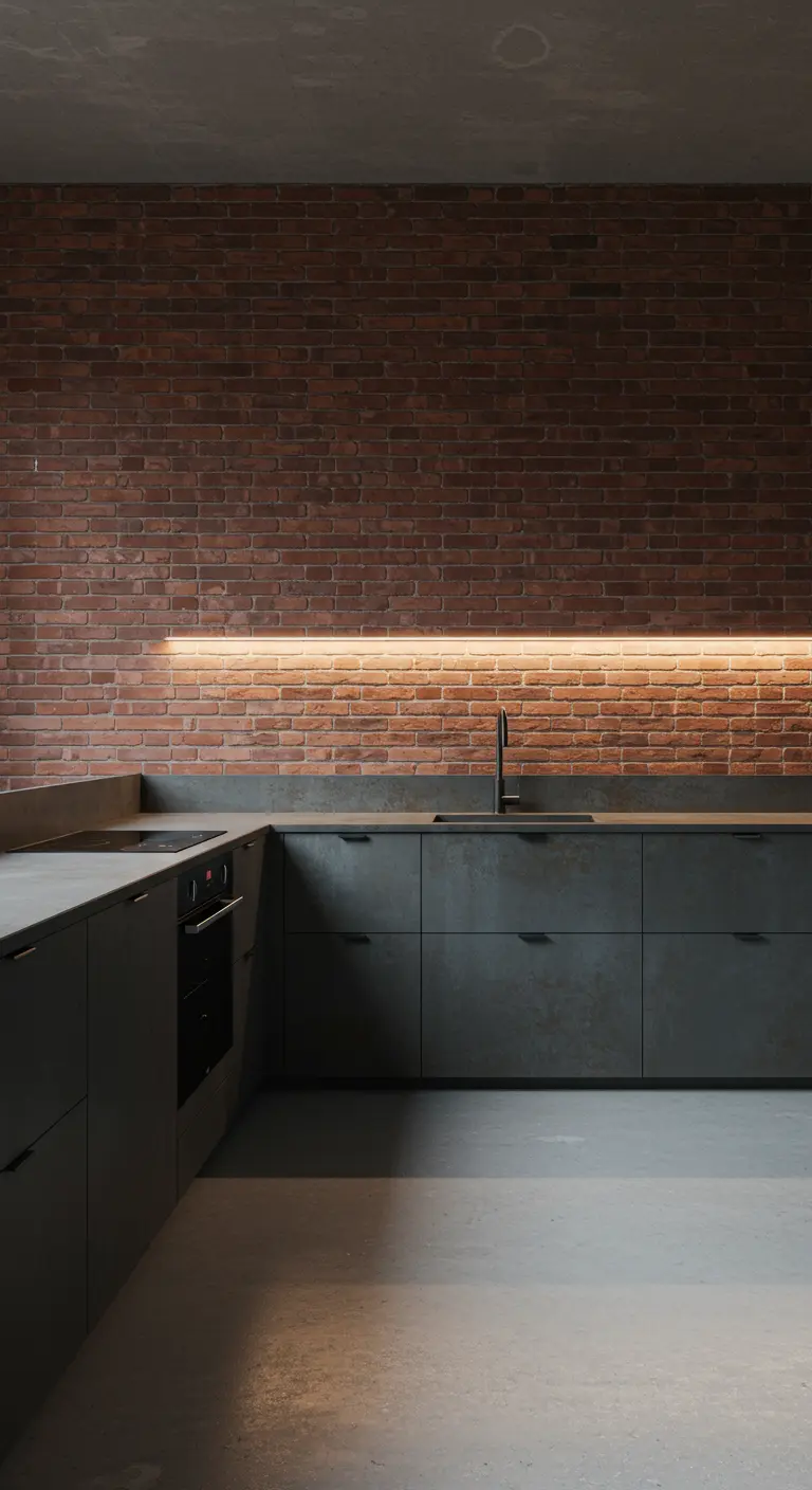 Cocina minimalista con pared de ladrillo y muebles grises lisos iluminados por una tira LED.