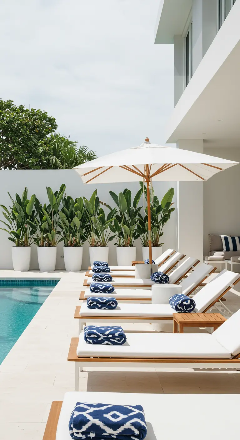 Piscina moderna con tumbonas blancas, toallas azules y plantas ave del paraíso.