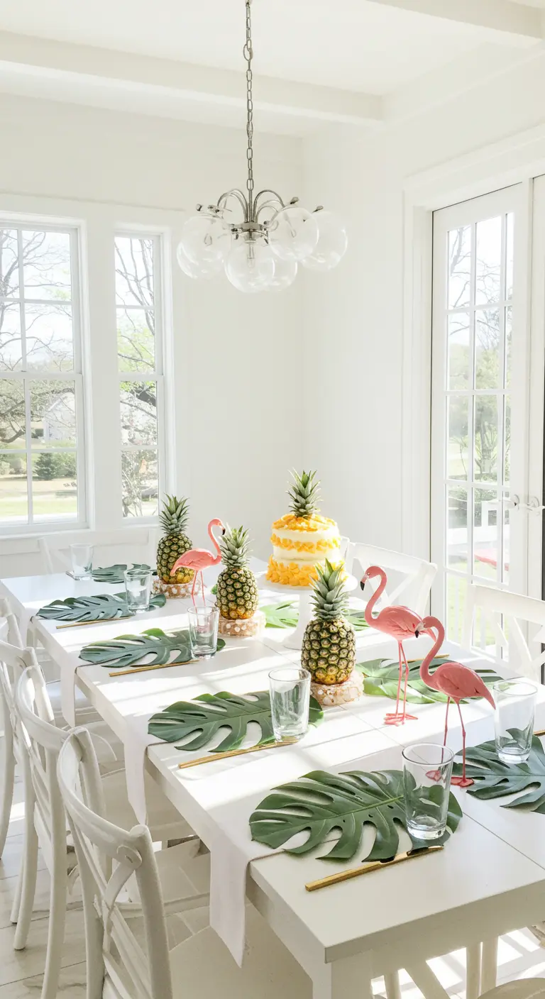 Mesa de comedor blanca y luminosa decorada con piñas, flamencos y hojas de monstera.