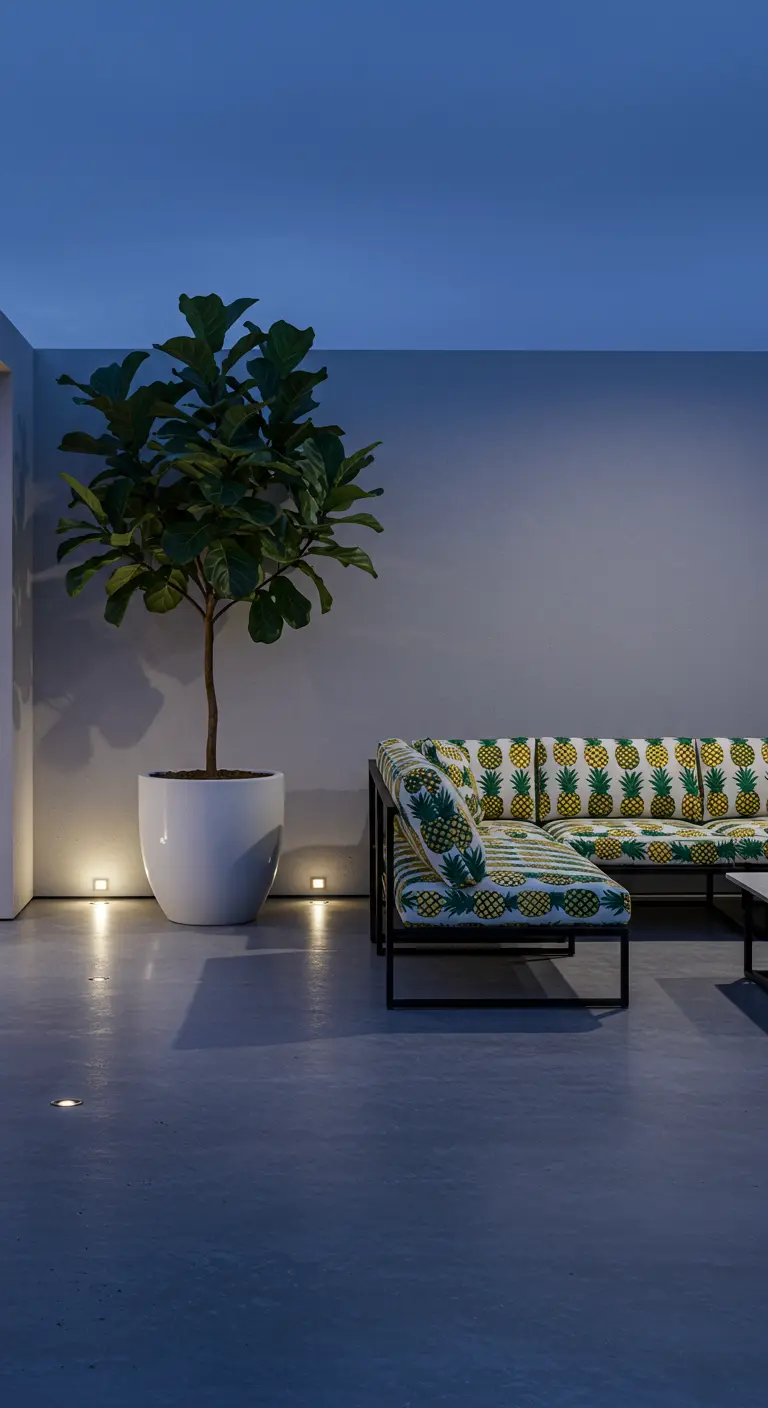 Sofá con tapizado de piñas en un patio minimalista iluminado por focos de suelo.