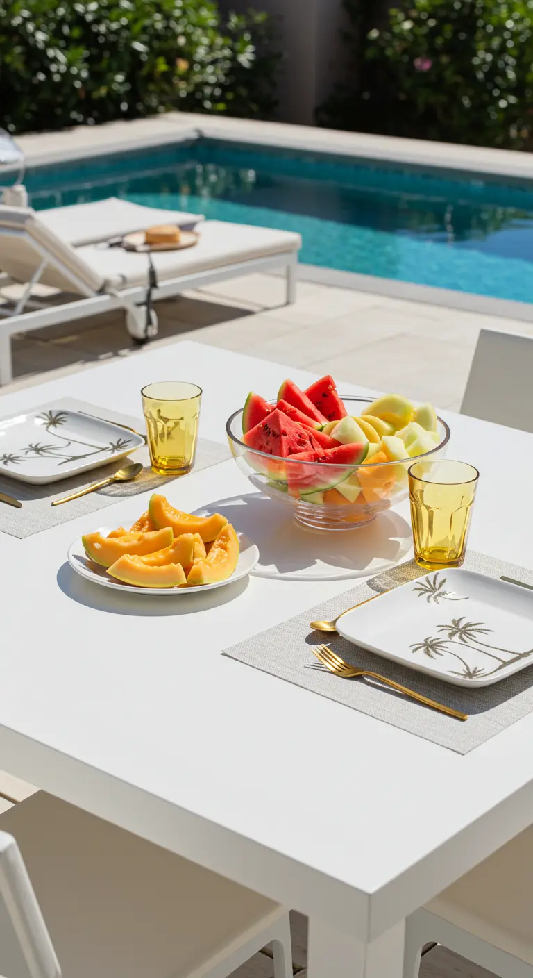 Mesa blanca junto a una piscina con sandía, melón y vajilla con palmeras.