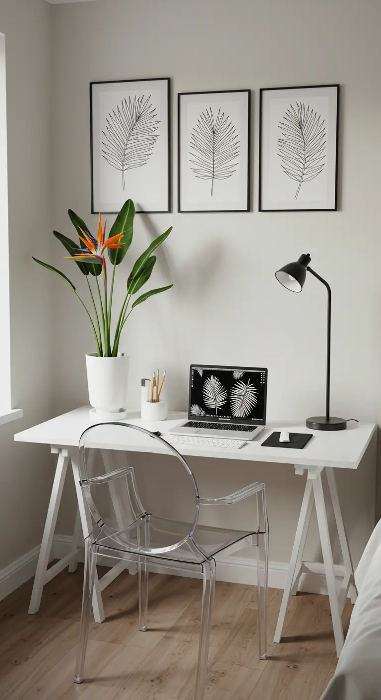 Oficina minimalista blanca con silla transparente, planta ave del paraíso y tres cuadros de hojas.