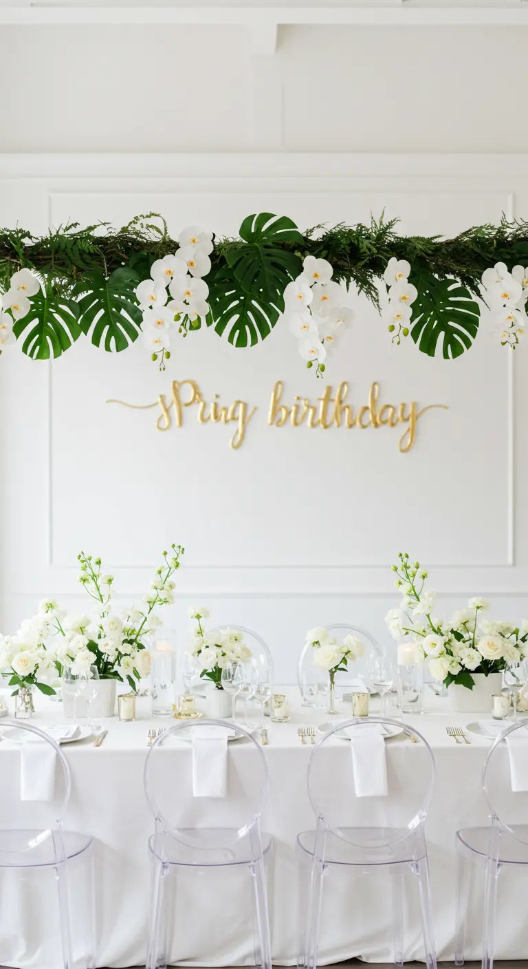 Guirnalda de hojas de monstera y orquídeas blancas sobre una mesa de comedor blanca.