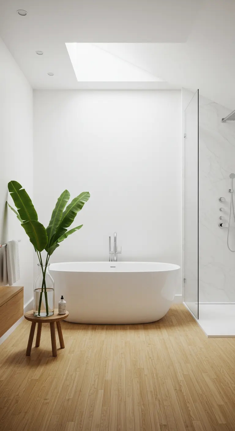 Baño minimalista blanco con suelo de madera y una gran planta de hojas verdes