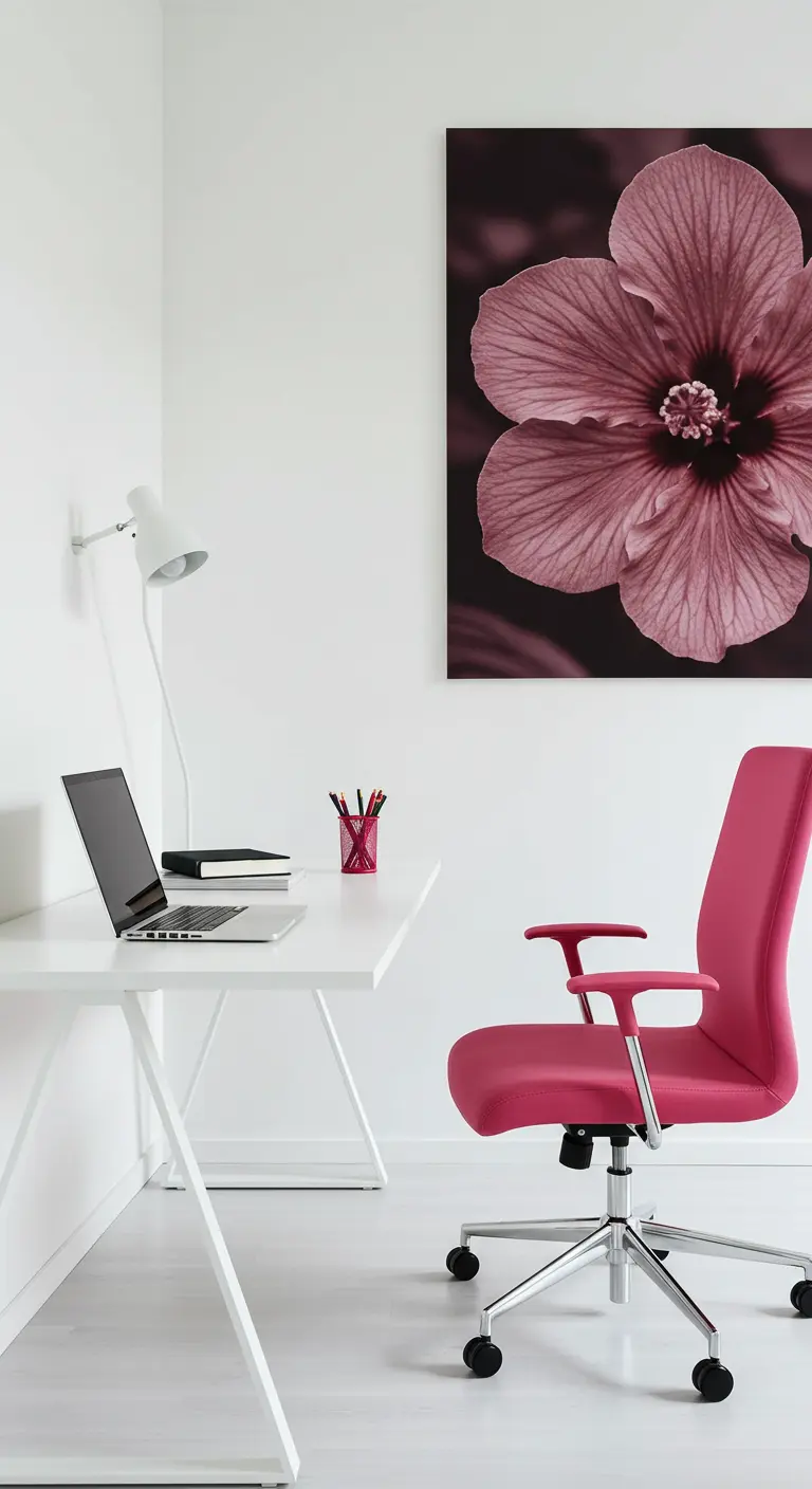 Oficina minimalista blanca con una silla fucsia y un gran cuadro de una flor de hibisco.