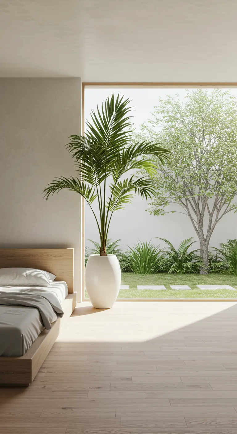 Habitación minimalista con cama de madera clara y una gran palmera junto a un ventanal.