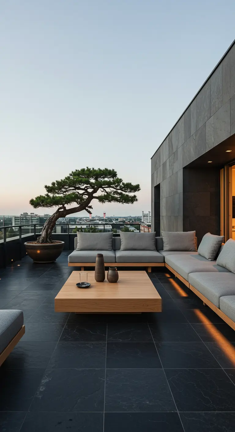 Terraza moderna con sofás grises modulares y un gran bonsái como punto focal.