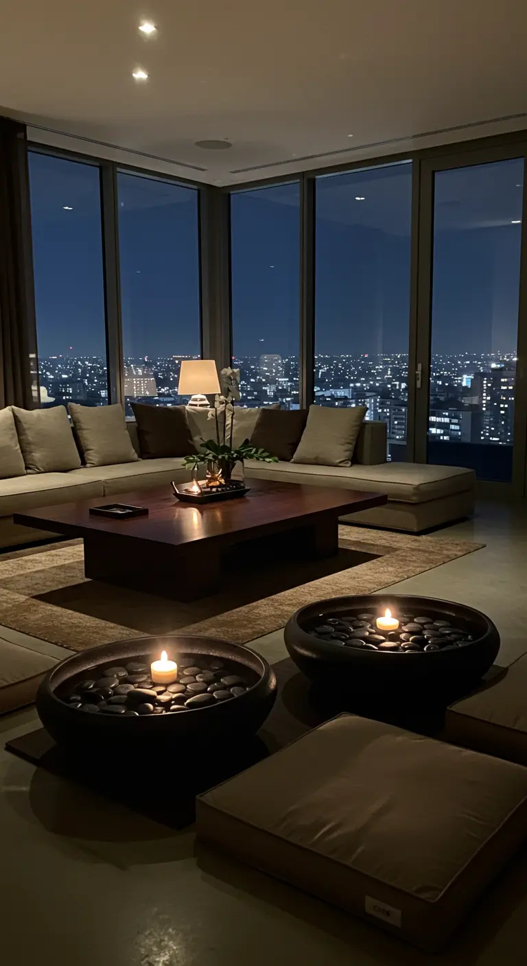 Salón moderno con vistas a la ciudad y dos cuencos con velas flotantes sobre piedras negras.