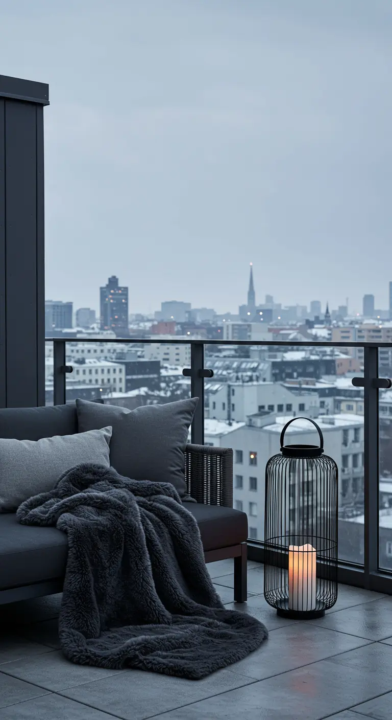 Balcón moderno con sofá gris, manta de pelo sintético oscura y un gran farol negro.