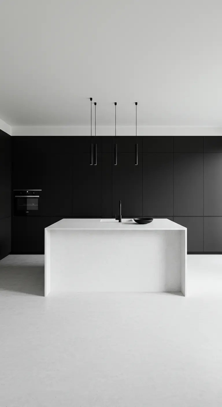 Cocina minimalista con armarios negros mate y una isla blanca central impoluta.