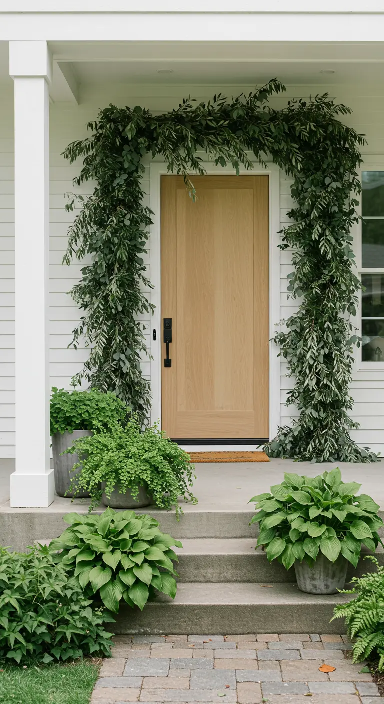 Entrada de una casa blanca con un arco minimalista de follaje verde y macetas de cemento con plantas.