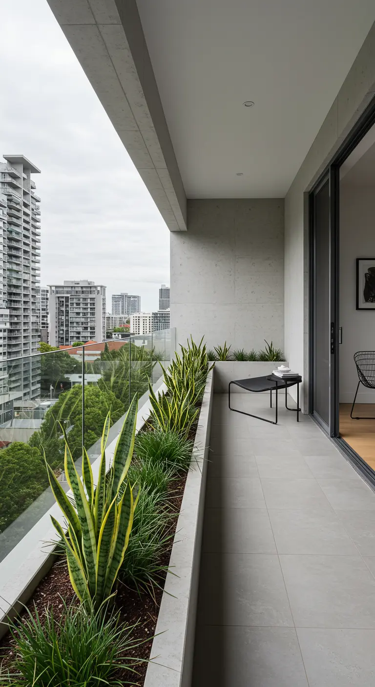 Balcón minimalista moderno con jardinera de hormigón, plantas de serpiente y barandilla de cristal.