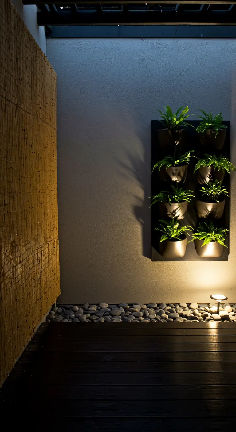 Jardinera vertical negra minimalista con helechos, iluminada por un foco solar desde abajo.