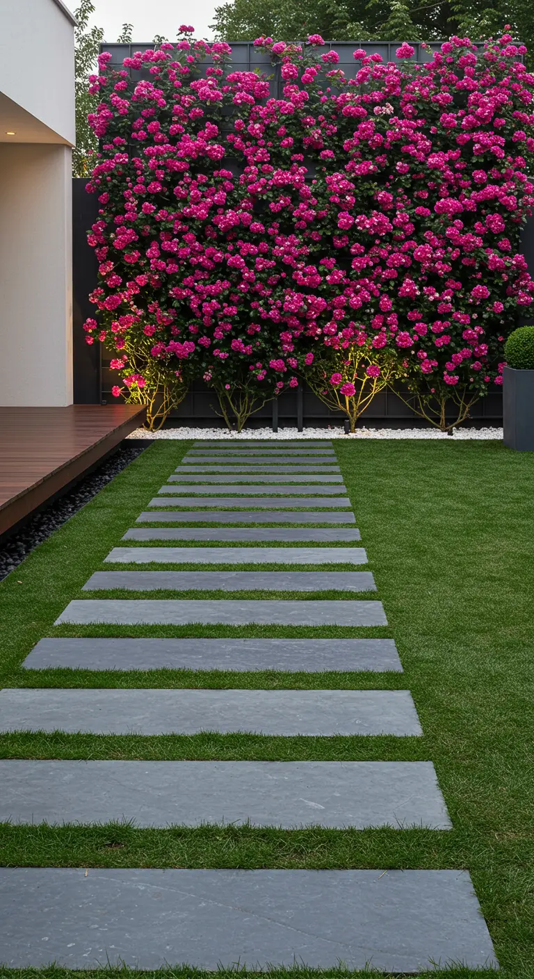 Camino moderno de losas rectangulares sobre césped que lleva a un muro cubierto de rosas fucsias.