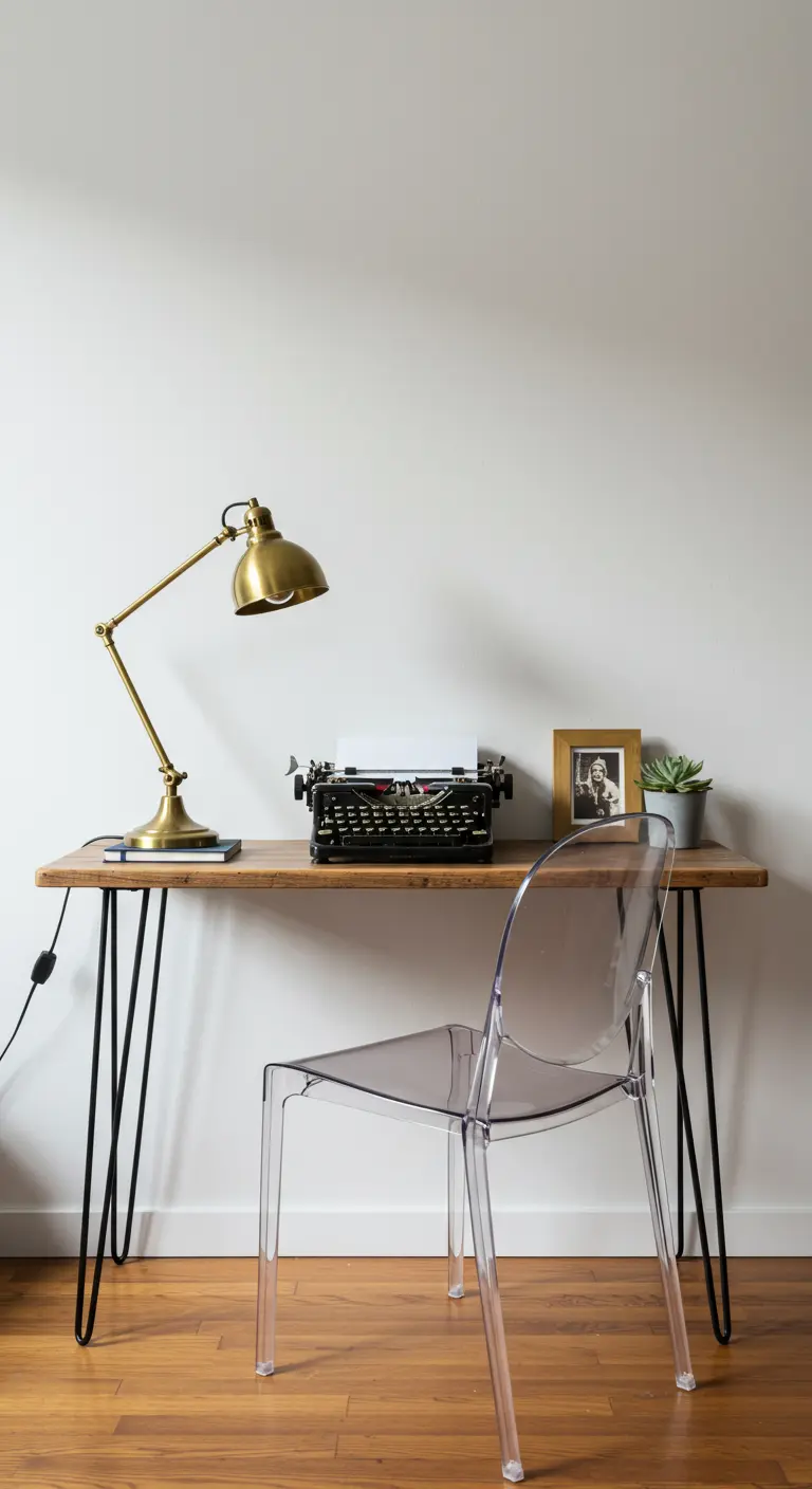 Escritorio minimalista con patas de horquilla, máquina de escribir, lámpara de latón y silla acrílica.