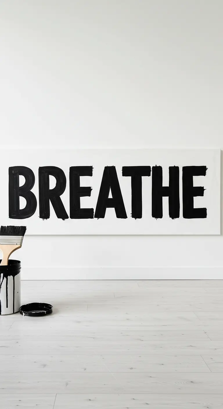 Lienzo blanco panorámico con la palabra 'BREATHE' pintada en grandes letras negras.