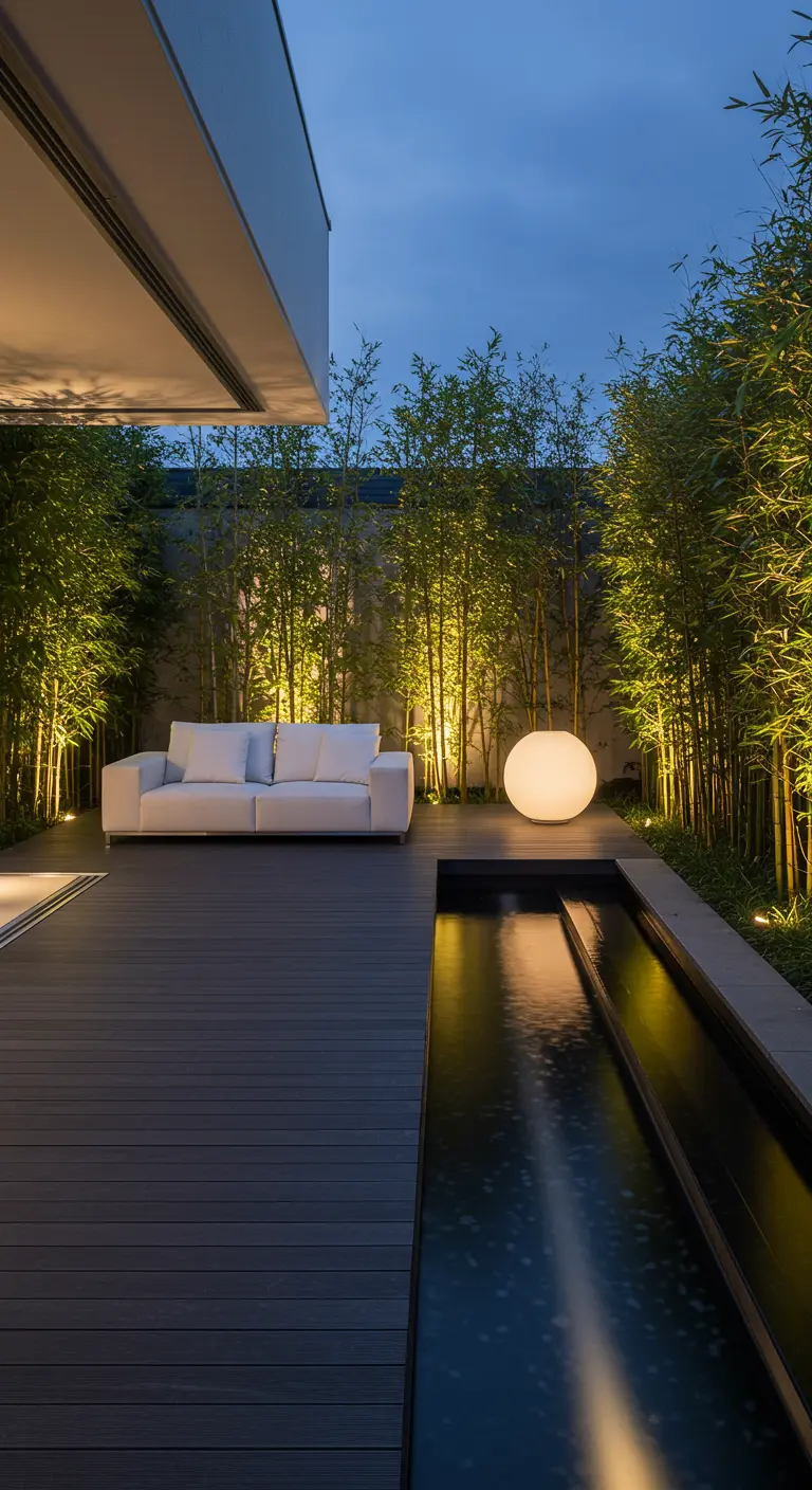Patio moderno y minimalista con un sofá blanco, un canal de agua y un bosque de bambú iluminado