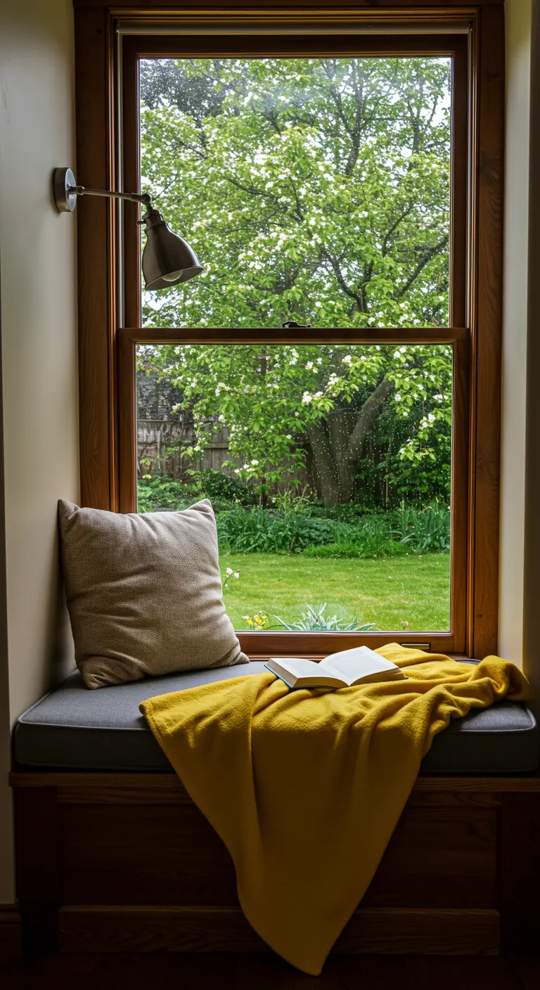 Asiento de ventana con un cojín neutro y una manta amarilla, con vistas a un jardín verde.