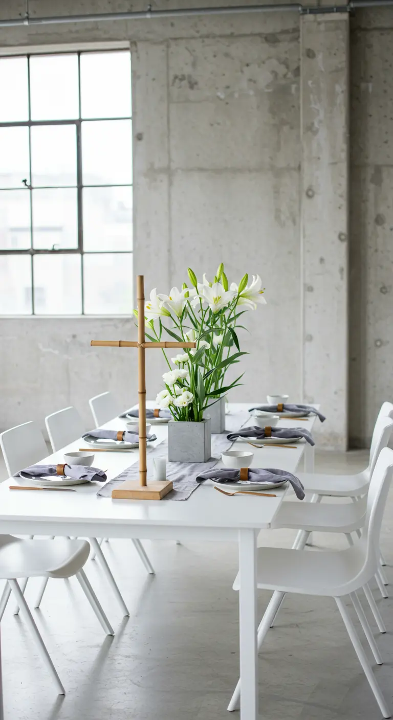 Centro de mesa minimalista con cruz de bambú y lirios blancos en un jarrón rectangular gris.