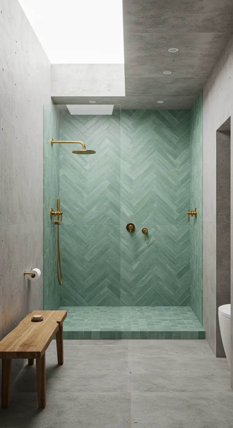 Ducha a ras de suelo con azulejos verde menta en espiga y grifería dorada