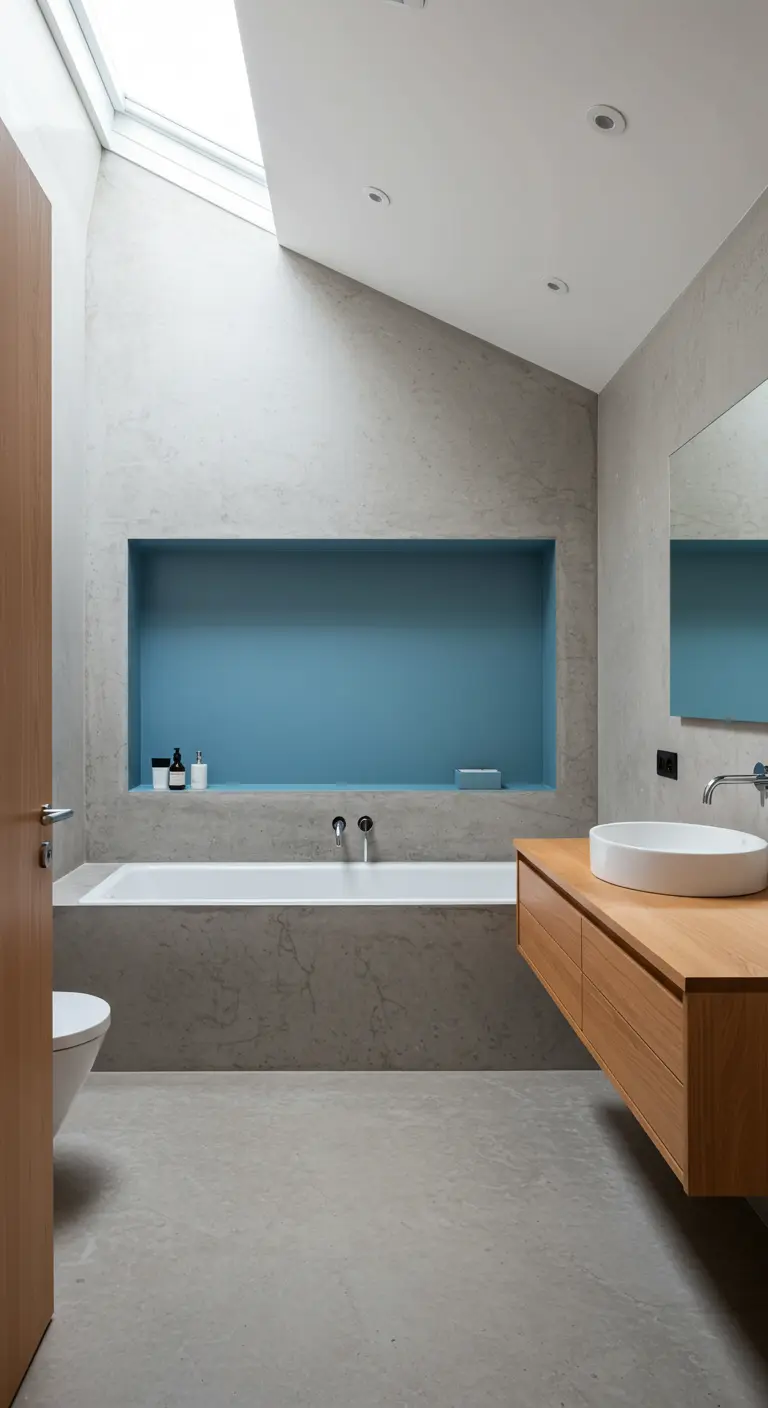 Baño minimalista de microcemento con un nicho de pared pintado de azul sobre la bañera