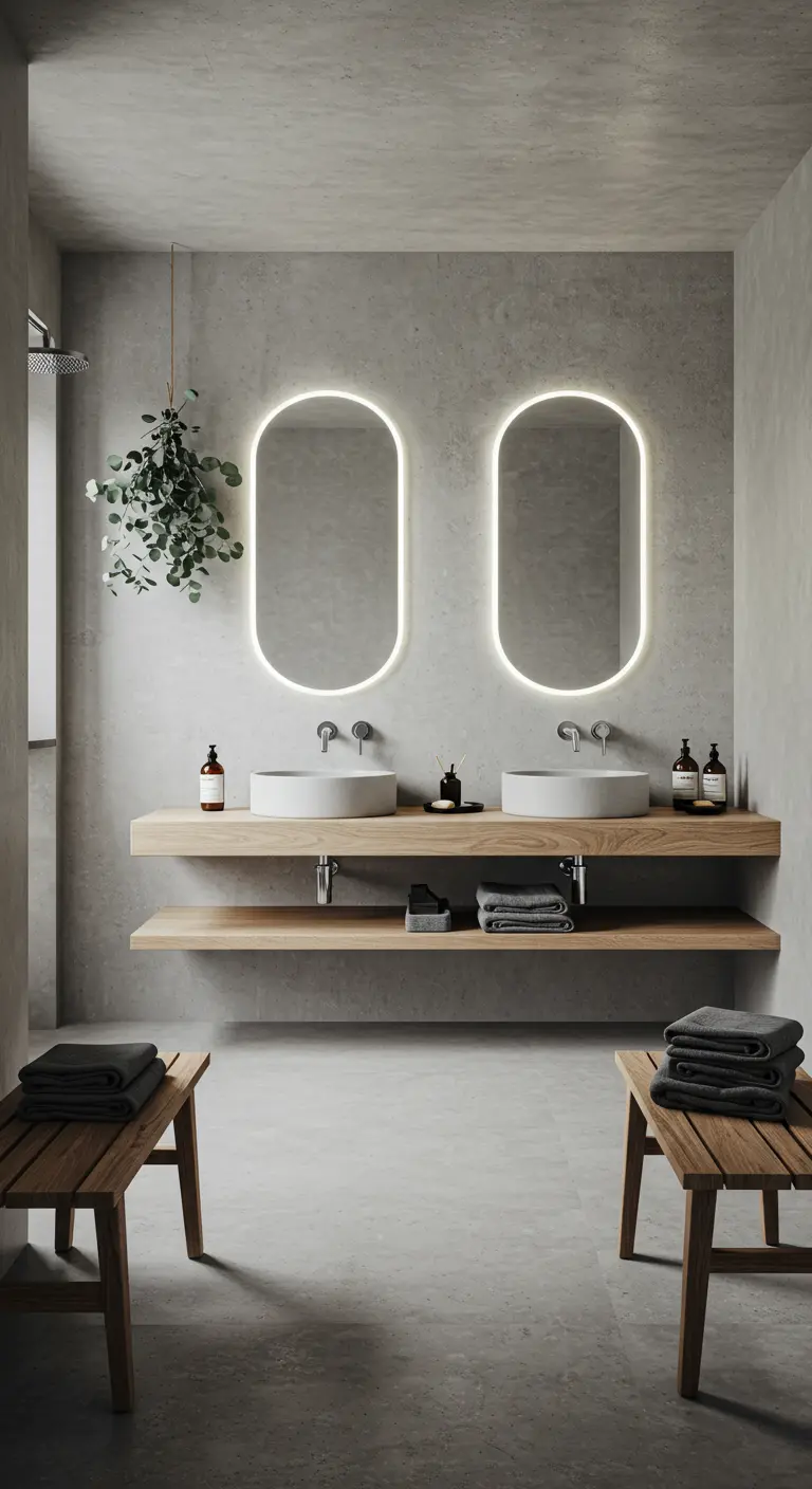 Baño minimalista con paredes de microcemento, espejos ovalados con luz led y estante de madera.